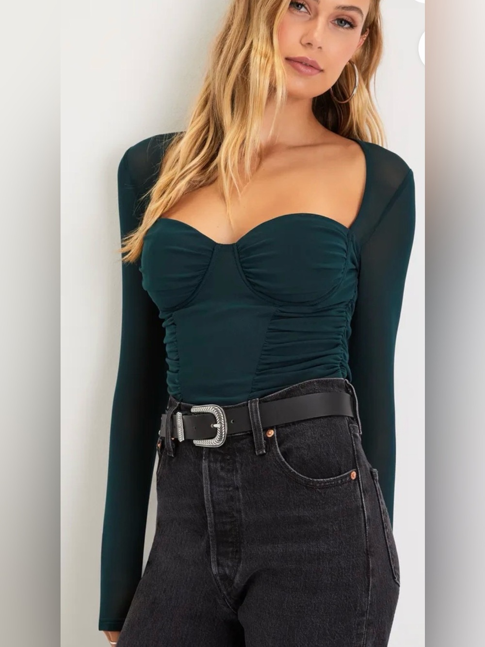 Lulus Coy Cutie Dark Green Mesh Bustier Long Sleeve Crop Top‎ Women’s Medium